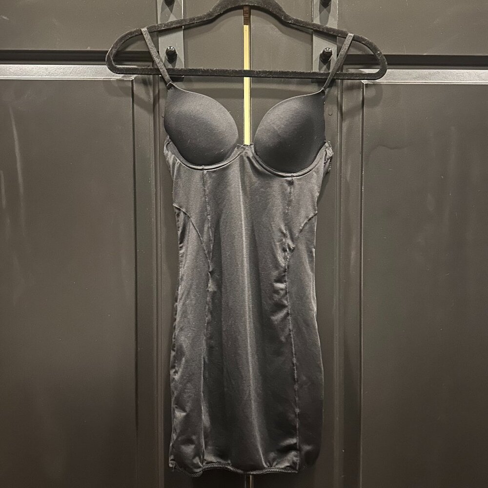 Opaque Black Satin Teddy Slip Dress with Adjustable Straps